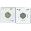 Image 1 : 2x - Canadian silver 10 cent coins - 1917-18