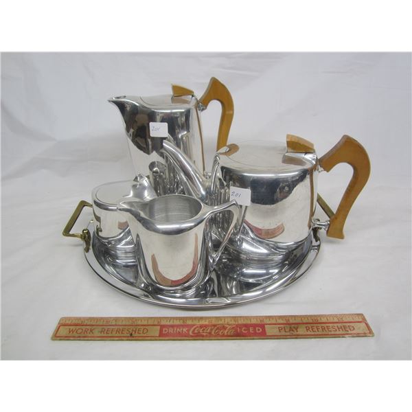 Mid Century Picquot Tea Set Aluminum Tea Pot ,Coffee Pot, Cream, Sugar ,Tray