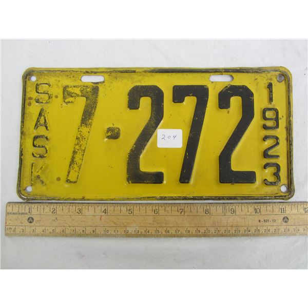 1923 Saskatchewan License Plate Short 4 Digits