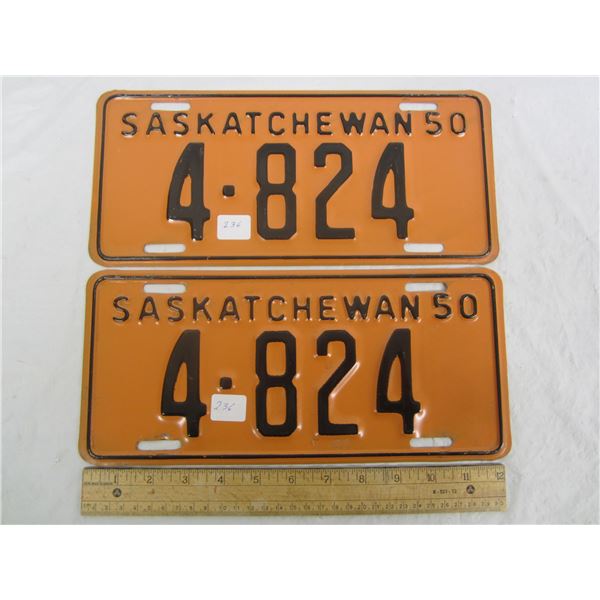 Pair of 1950 Saskatchewan License Plates 4 Digit