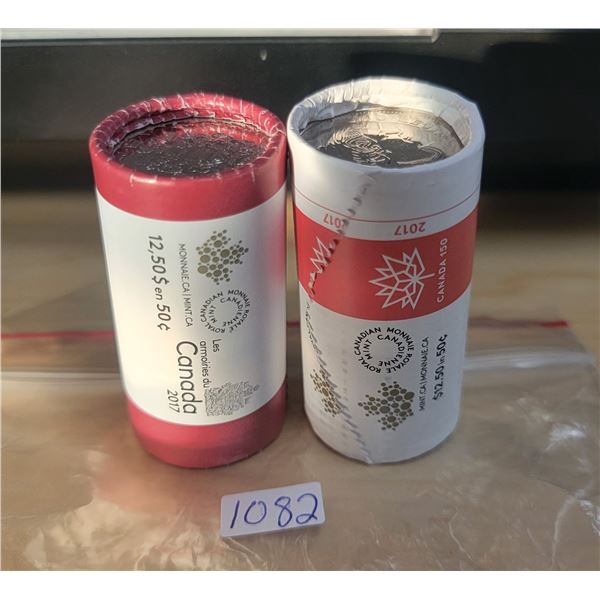 2 Rolls of 2017 50 Cents. Each roll is in a different Royal Canadian Mint Special Wrap Roll.