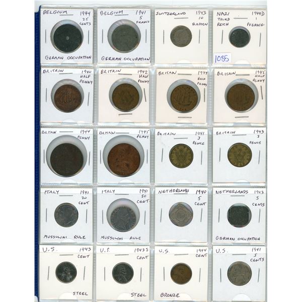 Lot of 20 World War II coins from Belgium under German occupation, Switzerland, Nazi Third Reich, Gr