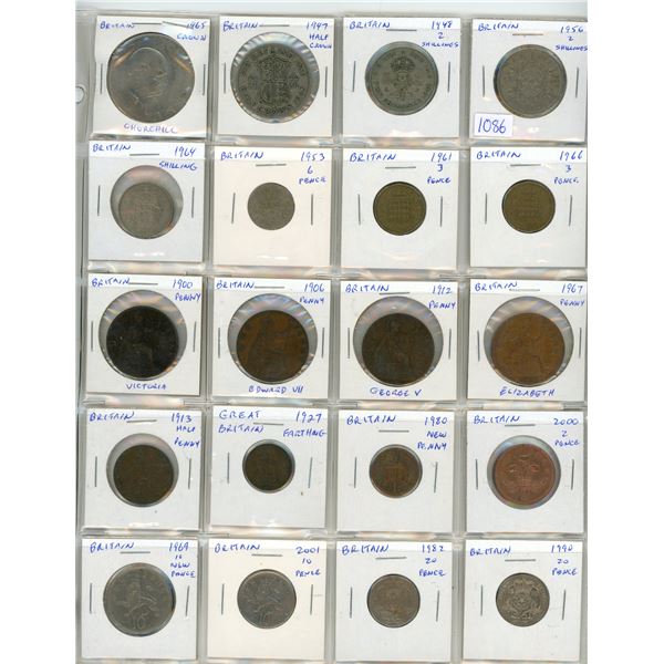 Lot of 20 coins from Great Britain. Includes Crown, Half Crown, 2 Shillings, Shilling, 6 Pence, 3 Pe