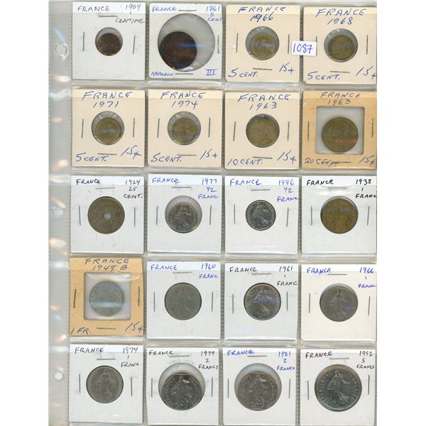 Lot of 20 coins from France. Includes 1861 5 Centimes depicting Emperor Napoleon II plus more modern