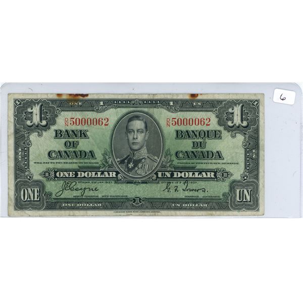 1937 Canadian one dollar note