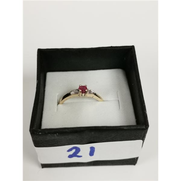 10K gold ring, ruby + two diamonds
