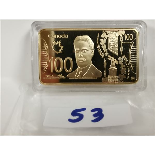 $100 dollars gold plated copper bar, 1 oz Canada