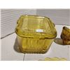Image 5 : Amber glass refrigerator dish with lid, fish scale plate,  Fenton shoe, reamer