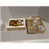 Image 1 : Box of silver plastic ornaments, and 2 glass jewels, tinfoil cones and Santa and Snowman