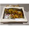 Image 5 : Box of silver plastic ornaments, and 2 glass jewels, tinfoil cones and Santa and Snowman