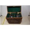 Image 5 : Antique hand blown liquor bottles- carved oak case/bras