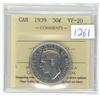 Image 1 : 1939 ICCS graded, Canadian silver 50 cent coin - VF20