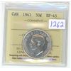 Image 1 : 1941 ICCS graded, Canadian silver 50 cent coin - EF45