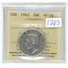 Image 1 : 1943 ICCS graded, Canadian silver 50 cent coin - VF30