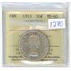 Image 1 : 1953 ICCS graded, Canadian silver 50 cent coin - MS60