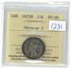 Image 1 : 1872H, ICCS graded, Canadian silver 25 cent coin - VF20