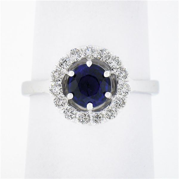 18k White Gold 1.55 ctw Round Blue Sapphire Solitaire & Diamond Halo Cluster Rin
