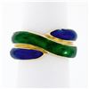 Image 1 : Vintage Solid 18K Yellow Gold Blue & Green Enamel Wide Intertwined Band Ring