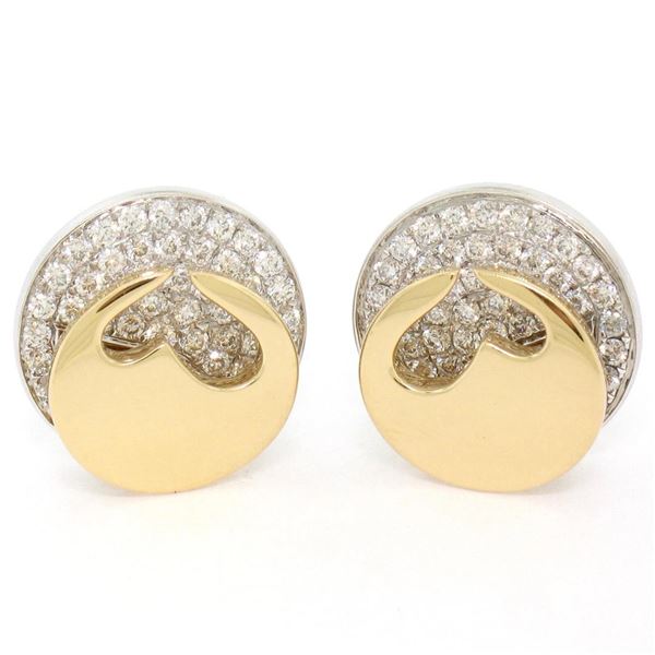Movado 18K Two Tone Gold 1.80 ctw FINE Round Diamond & Heart Disk Button Earring