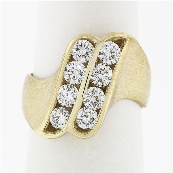 Vintage Unisex 18k Gold VVS E 1.36 ctw Ideal Cut Diamond Dual Row Brushed Ring