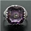 Image 2 : Antique Art Deco 14K White Gold Custom Cut Amethyst Diamond Etched Filigree Ring