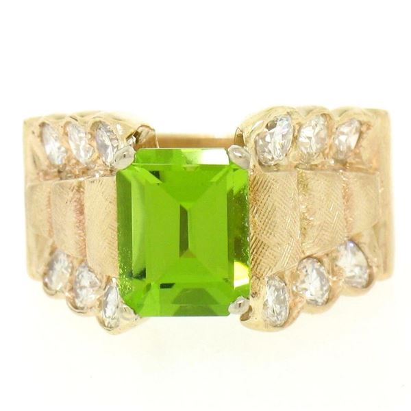 14k Solid Gold 2.27 ctw Emerald Cut Peridot & 1.40 ctw Round Diamond Cocktail Ri