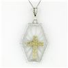 Image 2 : Antique Art Deco 14K Gold French Camphor Glass Hand Etched Cross Pendant & Chain