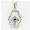 Image 5 : Antique Art Deco 14K Gold French Camphor Glass Hand Etched Cross Pendant & Chain