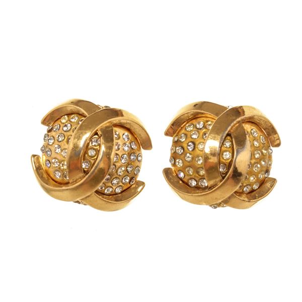 Chanel CC Rhinestone Earrings Gold Plated Metal