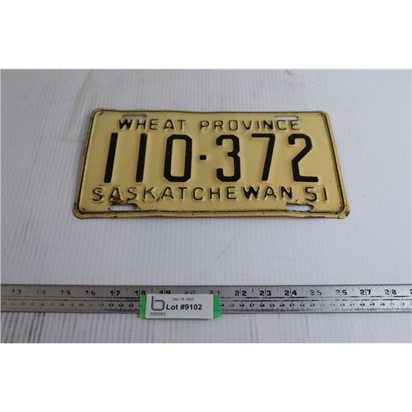 Saskatchewan 1951 License Plate