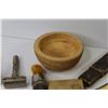 Image 2 : Small Wooden Bowl - Vintage Razor w/Brushes - Leather Honing Stone & Leather Strap - (2) Straight Sh