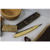 Image 4 : Small Wooden Bowl - Vintage Razor w/Brushes - Leather Honing Stone & Leather Strap - (2) Straight Sh