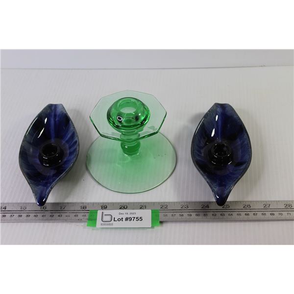 (2) Blue Mountain Pottery Candle Holders - Green Glass Candle Holder (chipped)