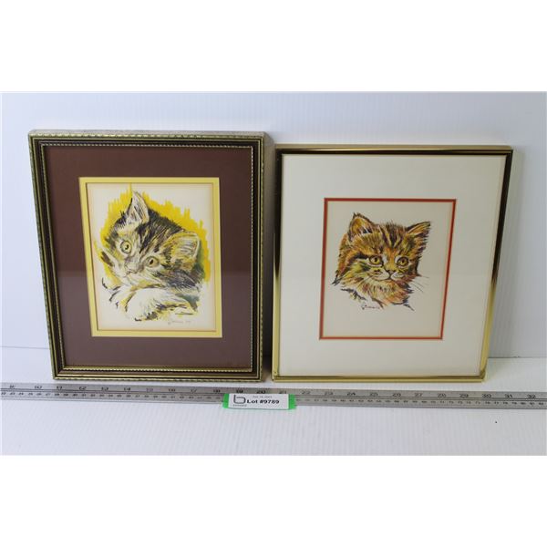 Pair of Original Cat Pictures - Signed H. Aiken 1979