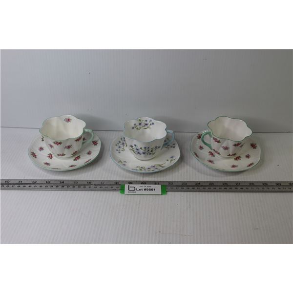 (3) Shelly - Fine Bone China Cups & Saucers (Blue Rock & Rose Bud Designs)