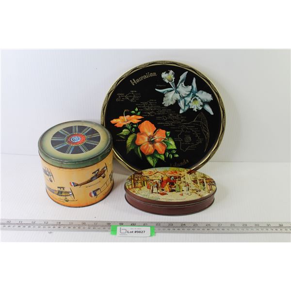 (3) Tins: Aviation History Tin, Dickenson's Memories Art Tin From England, Hawaiian Islands Tin Plat
