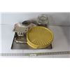 Image 1 : Tupperware Bowl with Lid, Tobacco Tin, Glass Jar, Vintage Electric Toaster Part, Ceramic Dish, Milk 