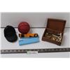 Image 1 : Wood Box w/Necklaces (Lid Needs Fixing), Leather Pocket Watch Carrying Case, Barton Watch Bands, Min