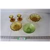 Image 1 : Pair of Amber Glass Candle Holders, Green Glass Dish, (2) Amber Glass Candy Dishes