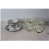 Image 2 : Anniversary Tea Cup & Saucer, Cream & Sugar, (2) Sets Salt & Pepper, Footed Carnival Glass Bowl