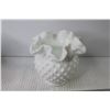 Image 2 : (2) Vintage Milk Glass Hobnail Fluted Ruffled Vases