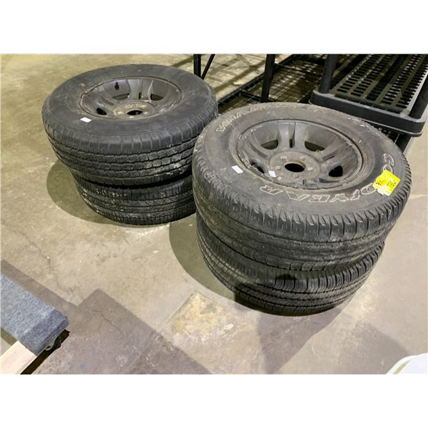 SET OF 4 P235/75 R16 TIRES AND RIMS (MISMATCHED BRANDS)