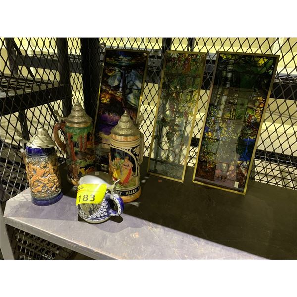 4 BEER STEINS AND 3 STAINED GLASS WINDOWS