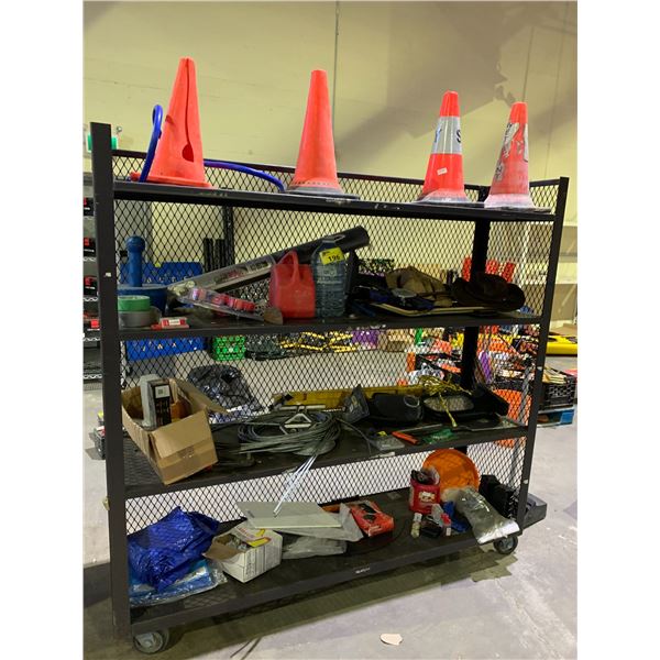 ENTIRE ROLLING RACK OF MISC TOOLS, CONES HARDWARE AND MORE (RACK NOT INCLUDED)