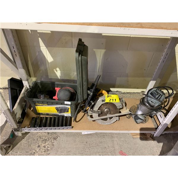 MILWAUKEE SANDER, SOCKET SET, DEWALT CIRCULAR SAW AND MAXIMUM ROUTER