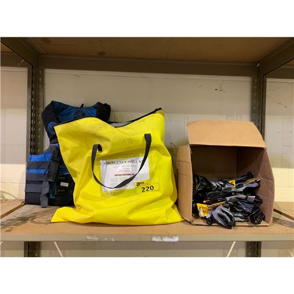 SHELF LOT OF; WORK GLOVES, EMERGENCY SPILL KIT AND LIFE JACKET