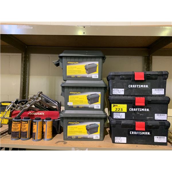 SHELF LOT OF AMMO BOXES, TOOL BOXES, CLAMPS AND MORE