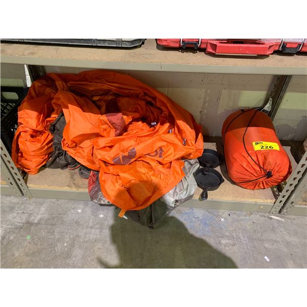 SLEEPING BAG, TENT AND 2 SMALL FRYING PANS *NO POLES*