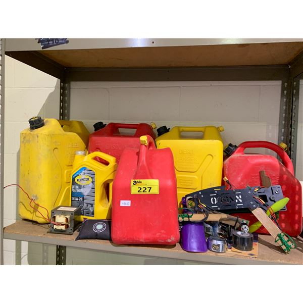 SHELF LOT OF JERRY CANS AND MORE