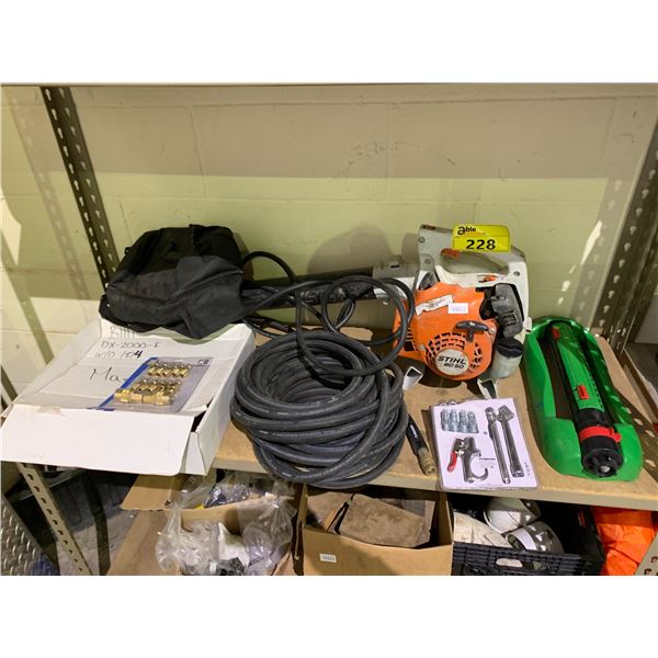 SHELF LOT INCLUDING; STIHL BLOWER, AIR HOSE, SPRINKLER AND MORE